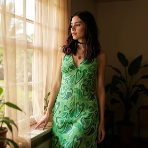 Heart Mesh Green Midi Dress w/ Halter Neck by Pretty Garbage – Mirror Garden M - Picture 2 of 4